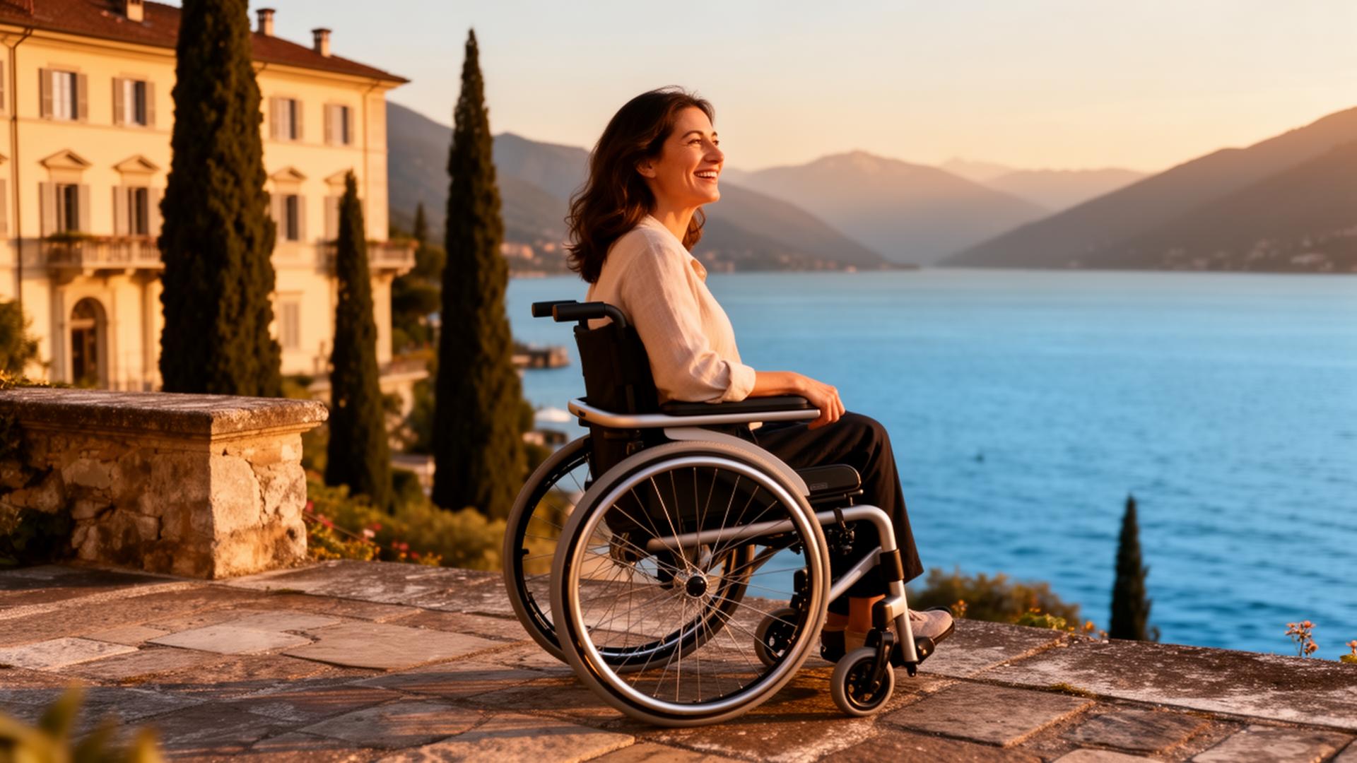 A traveler in a wheelchair smiling on a terrace overlooking Lake Como at golden hour